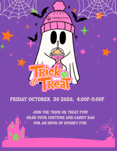 Trick or Treat flyer with a ghost in a pink bobble hat, for Friday 30 October 2026 from 4:00 to 5:00pm
