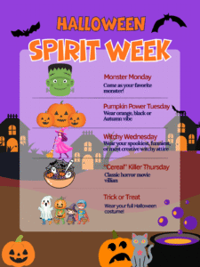 Halloween Spirit Week poster listing a themed dress-up day for each day of the week